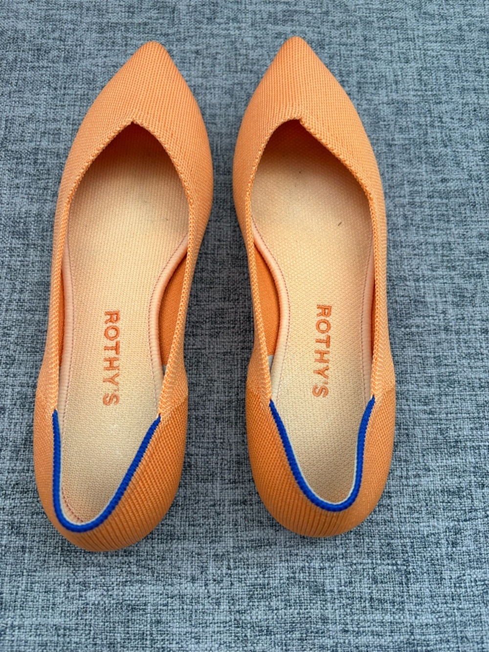 Rothy's Orange Pointed Knit Flats with Blue Trim - Picture 2 of 4